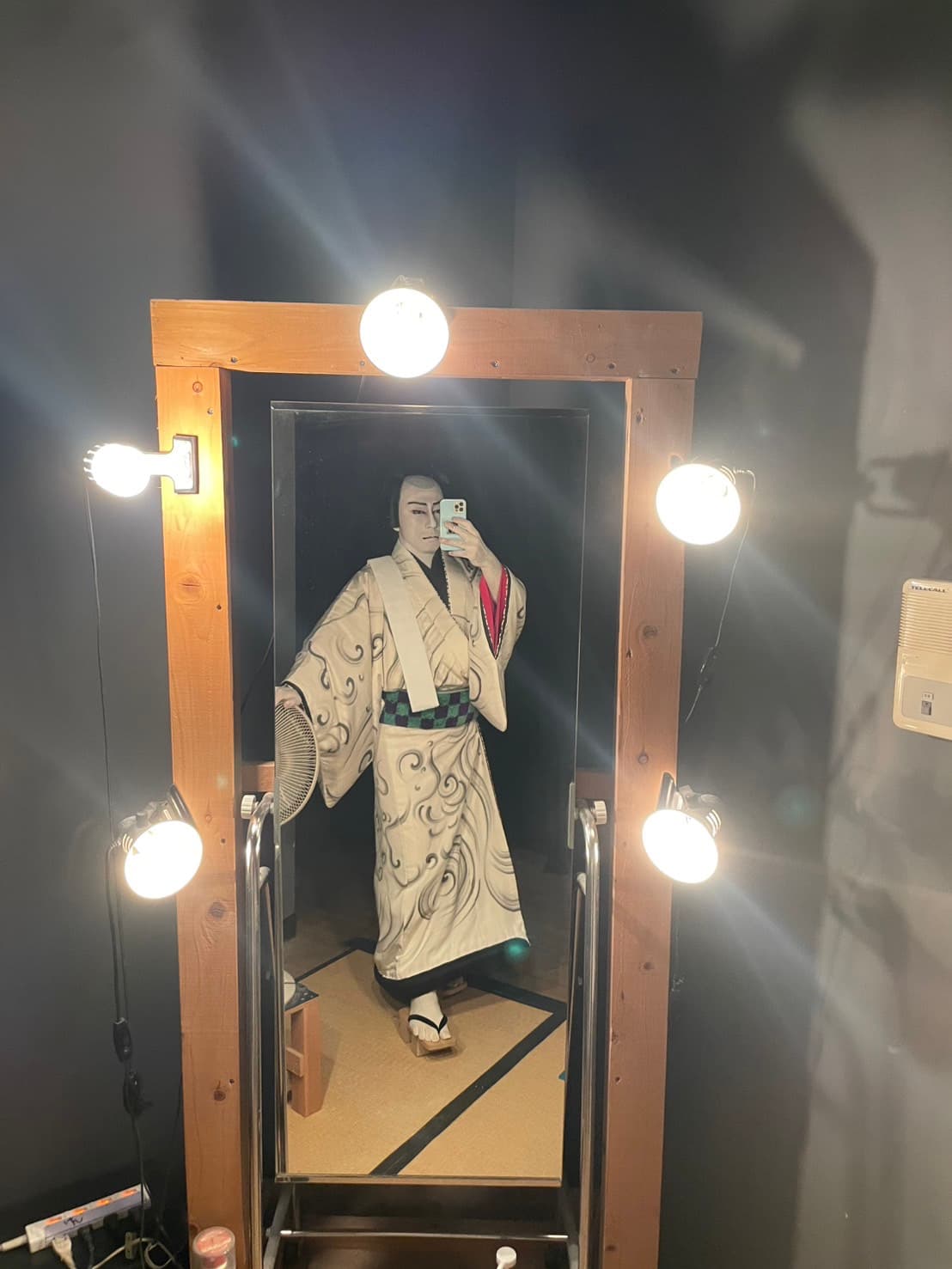 Before the full-length mirror in a wave-patterned costume
