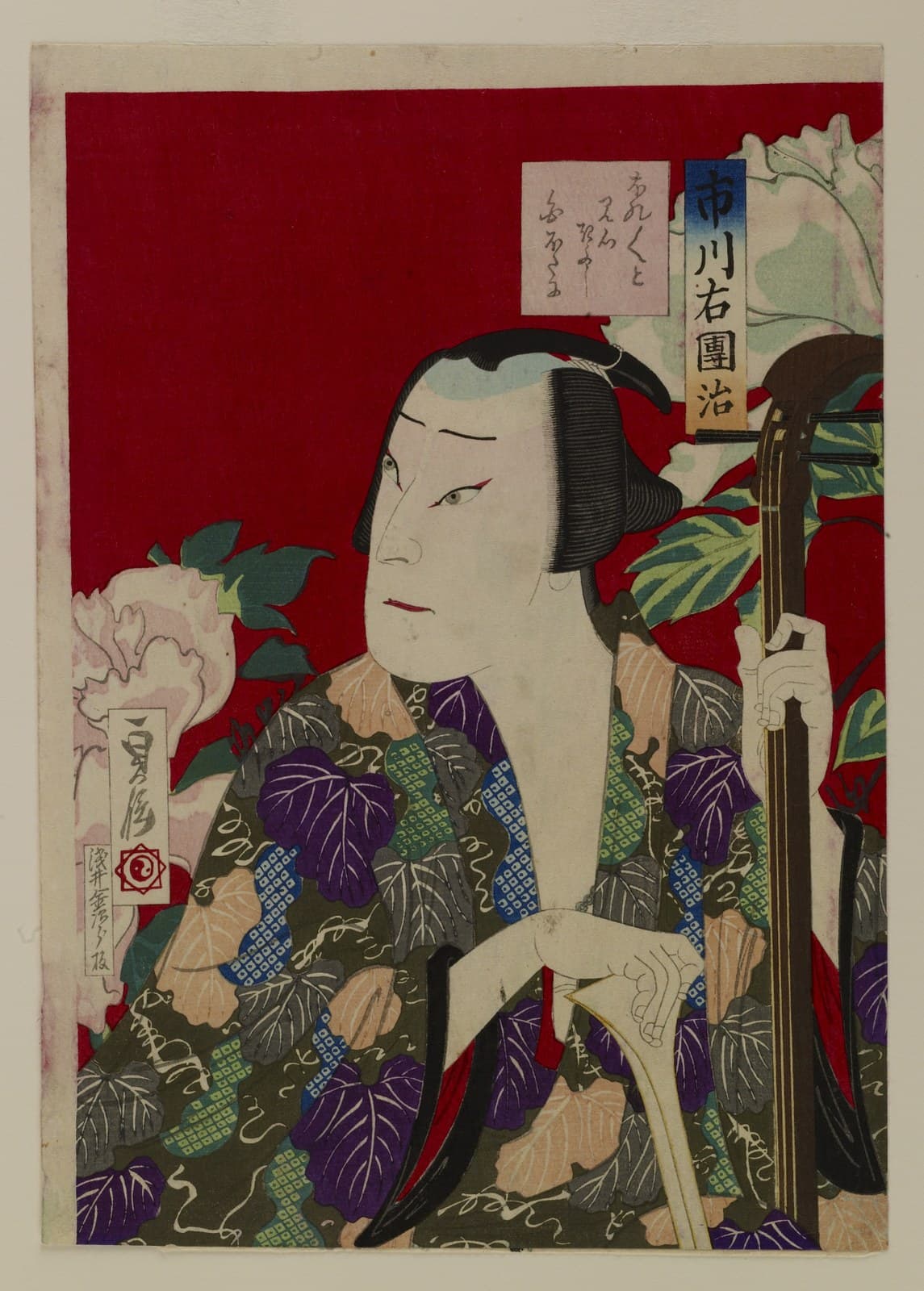 三味線を弾く初代市川右團次。棹を左手で押さえ、右手の撥で三本の弦を弾く姿を描いた役者絵