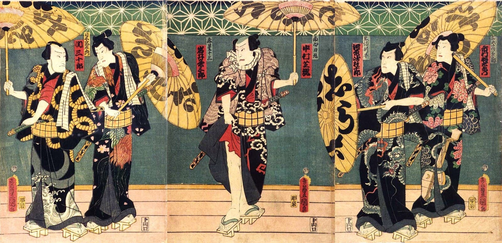 The five thieves of Shiranami Gonin Otoko lined up abreast at the Inasegawa river bank, in matching robes and each holding a paper umbrella